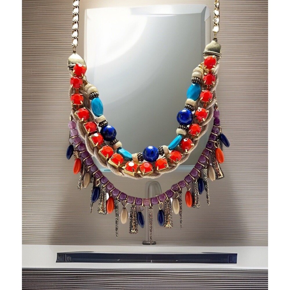Avenue Boho Tribal Multi-Strand Statement Necklace Red Blue Southwest Vibes